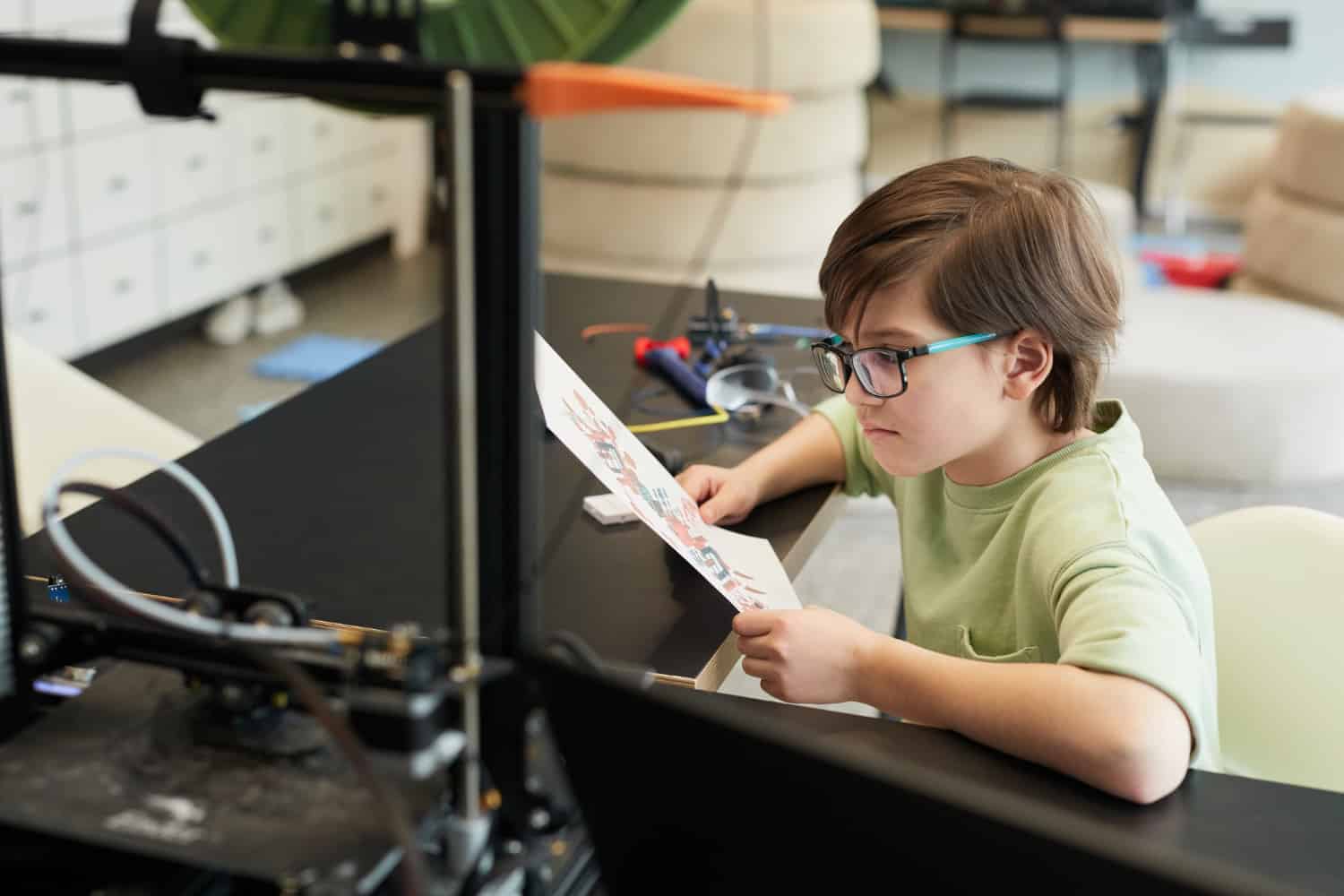 school boy using a 3d printer at school