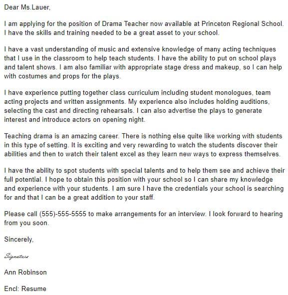 Drama teacher cover letter