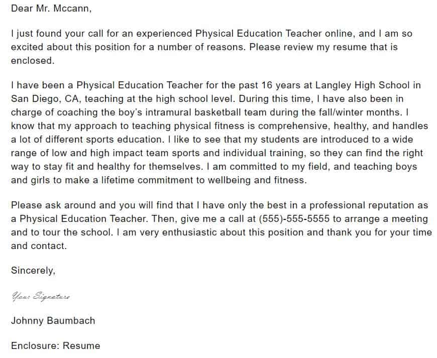 Physical education teacher cover letter