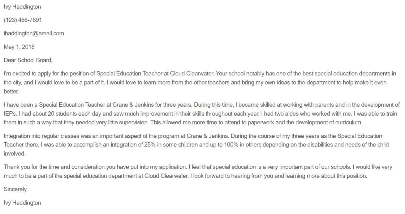 Special needs teacher cover letter