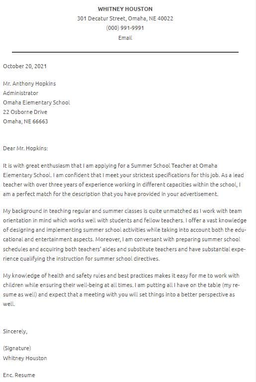 Summer school teacher cover letter