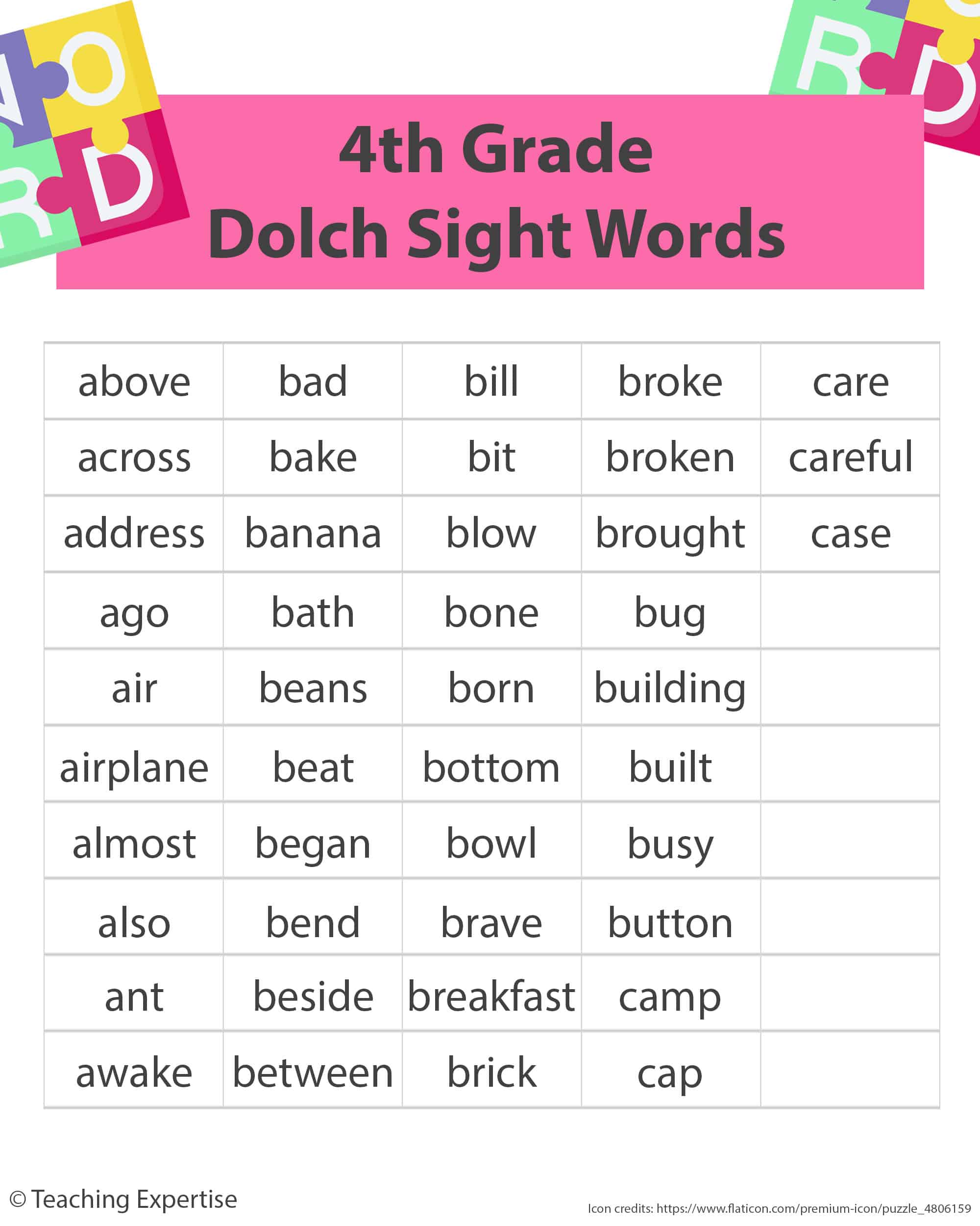 printable 4th grade dolch sight words
